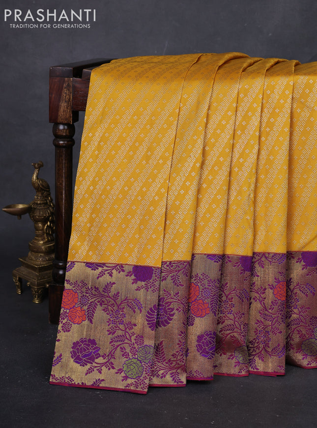Yellow & Purple Pure Kanchipuram Silk - Minakari Border