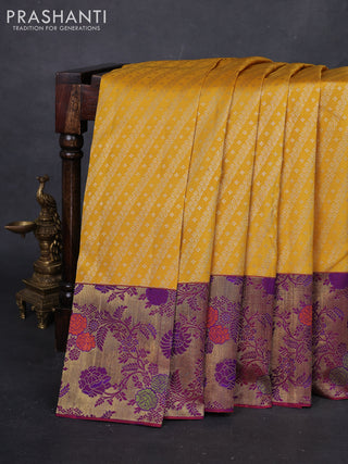 Yellow & Purple Pure Kanchipuram Silk - Minakari Border
