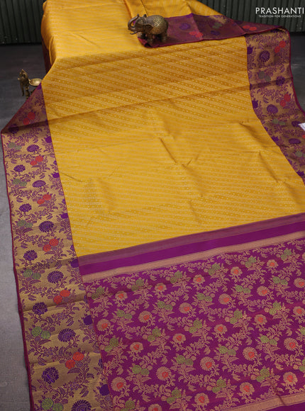 Yellow & Purple Pure Kanchipuram Silk - Minakari Border