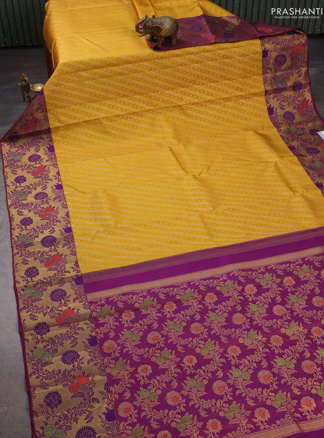 Yellow & Purple Pure Kanchipuram Silk - Minakari Border