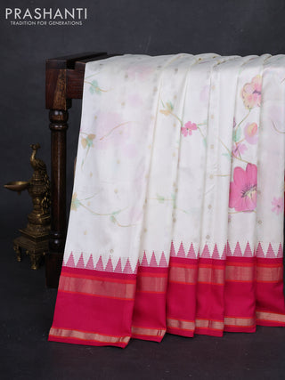 Off White & Pink Pure Gadwal Silk - Hand Painted