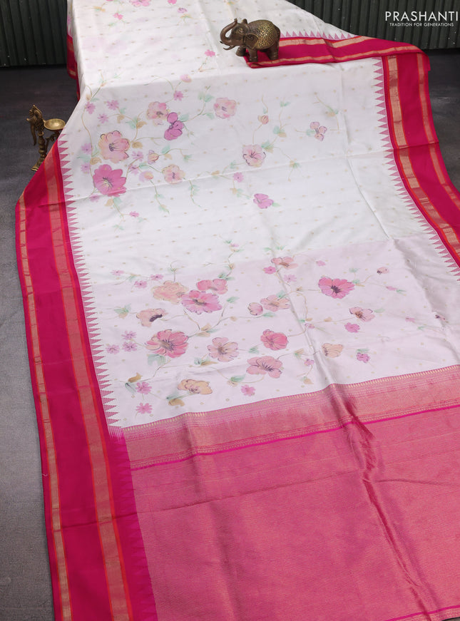 Off White & Pink Pure Gadwal Silk - Hand Painted