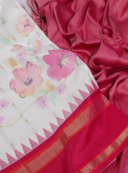 Off White & Pink Pure Gadwal Silk - Hand Painted