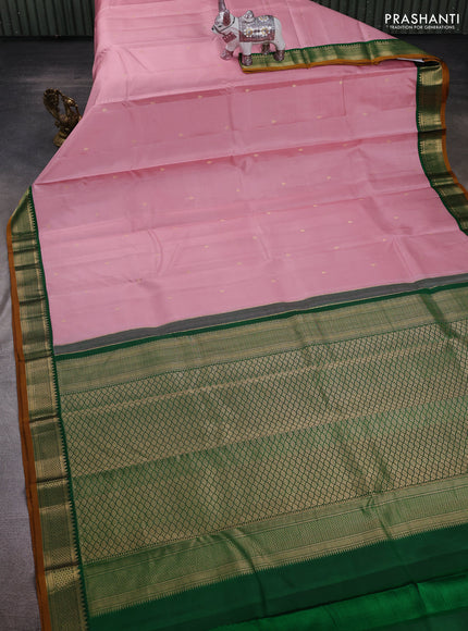 Peach Pink & Green Pure Kanchipuram Silk - Buttas