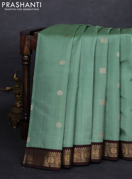 Pastel Green & Coffee Brown Pure Kanchipuram Silk - Buttas