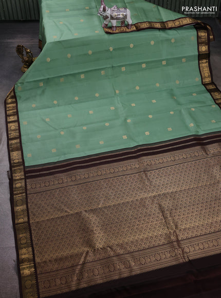 Pastel Green & Coffee Brown Pure Kanchipuram Silk - Buttas