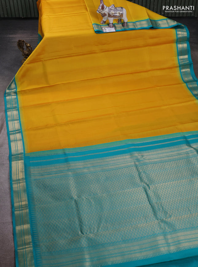 Yellow & Teal Blue Pure Kanchipuram Silk - Buttas