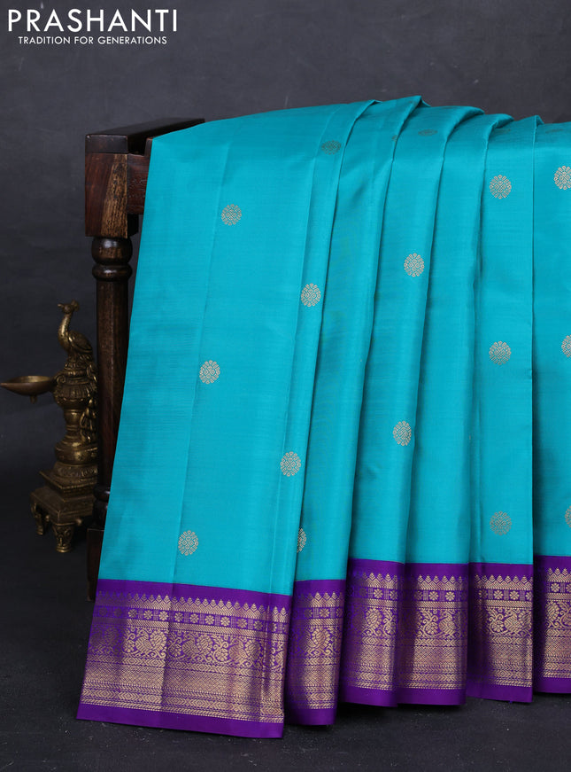 Teal Blue & Violet Pure Kanchipuram Silk - Buttas