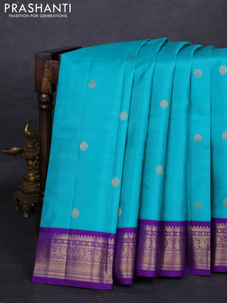 Teal Blue & Violet Pure Kanchipuram Silk - Buttas
