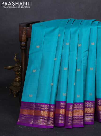 Teal Blue & Violet Pure Kanchipuram Silk - Buttas