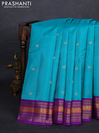 Teal Blue & Violet Pure Kanchipuram Silk - Buttas