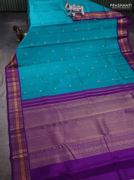 Teal Blue & Violet Pure Kanchipuram Silk - Buttas