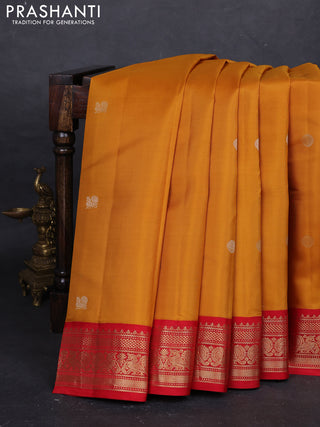 Mustard Yellow & Red Pure Kanchipuram Silk - Buttas