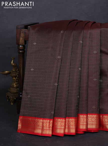 Coffee Brown & Red Pure Kanchipuram Silk - Checks
