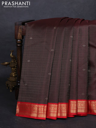 Coffee Brown & Red Pure Kanchipuram Silk - Checks