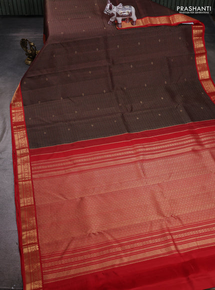 Coffee Brown & Red Pure Kanchipuram Silk - Checks