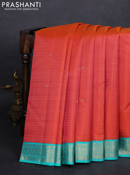 Orange & Teal Blue Pure Kanchipuram Silk - Checks