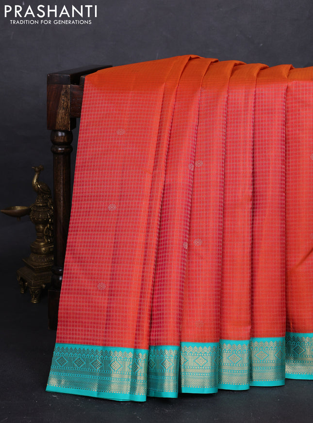 Orange & Teal Blue Pure Kanchipuram Silk - Checks