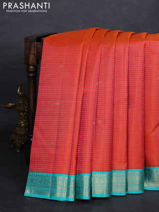 Orange & Teal Blue Pure Kanchipuram Silk - Checks