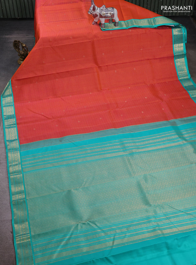 Orange & Teal Blue Pure Kanchipuram Silk - Checks