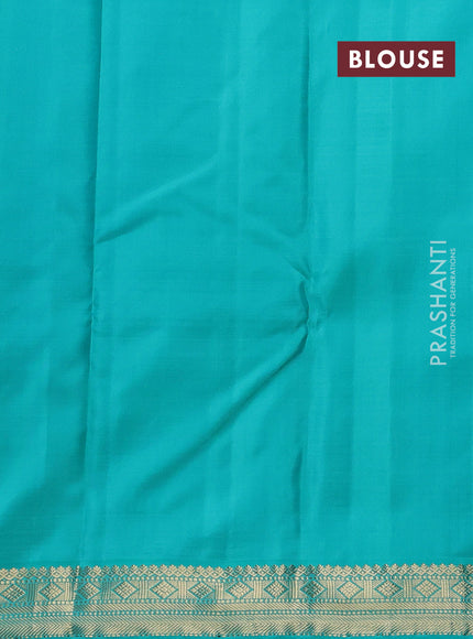 Orange & Teal Blue Pure Kanchipuram Silk - Checks
