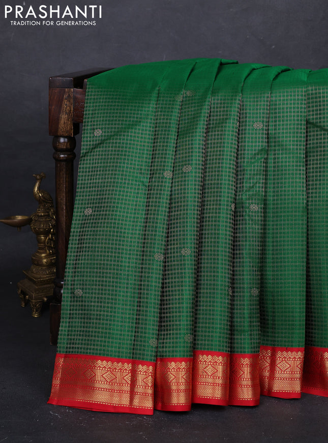Green & Red Pure Kanchipuram Silk - Checks