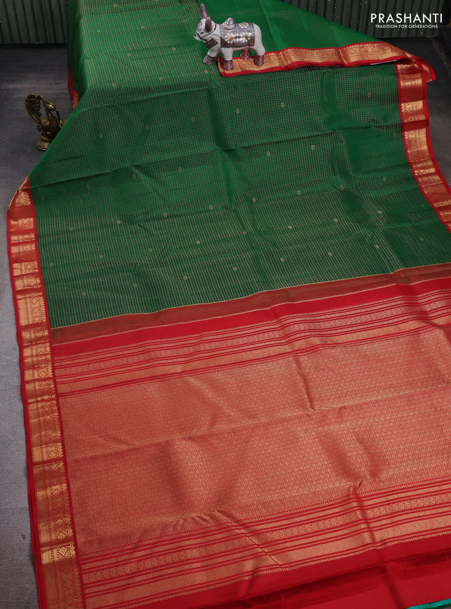 Green & Red Pure Kanchipuram Silk - Checks