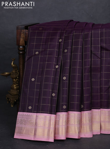 Wine & Peach Pink Pure Kanchipuram Silk - Checks