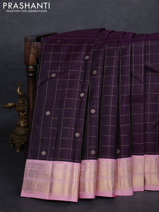 Wine & Peach Pink Pure Kanchipuram Silk - Checks