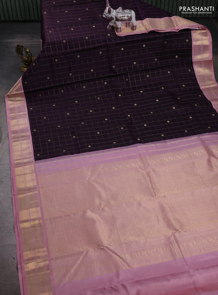 Wine & Peach Pink Pure Kanchipuram Silk - Checks