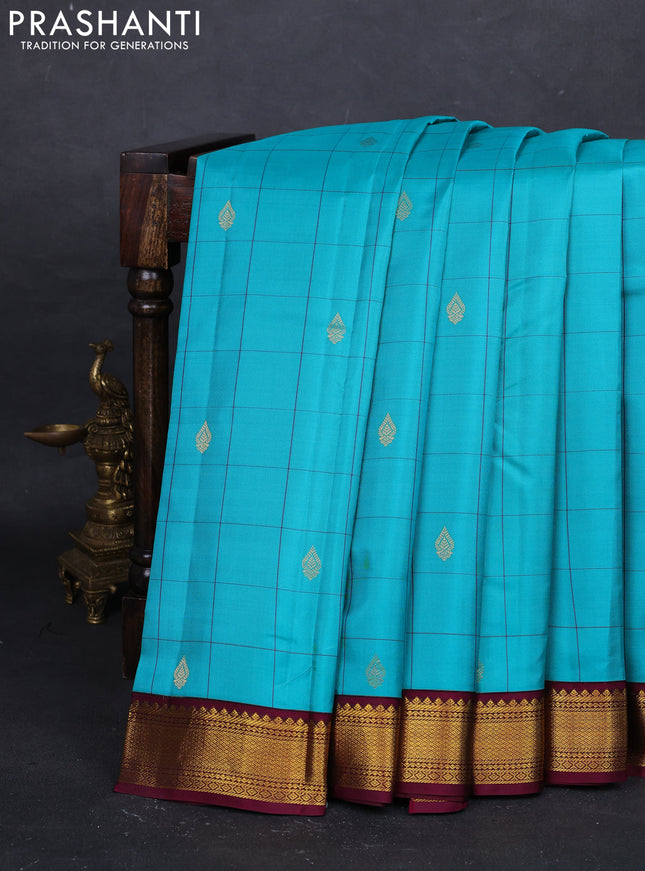 Teal Blue & Wine Pure Kanchipuram Silk - Checks