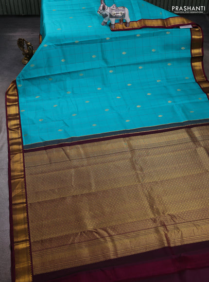 Teal Blue & Wine Pure Kanchipuram Silk - Checks