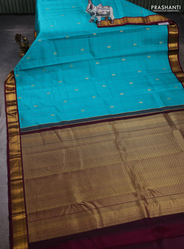Teal Blue & Wine Pure Kanchipuram Silk - Checks