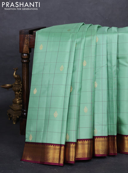 Teal Green & Wine Pure Kanchipuram Silk - Checks