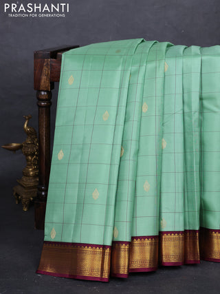 Teal Green & Wine Pure Kanchipuram Silk - Checks