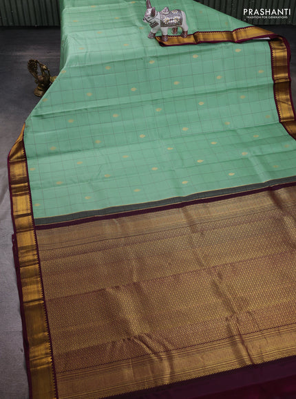 Teal Green & Wine Pure Kanchipuram Silk - Checks