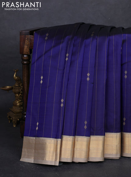 Navy Blue & Beige Pure Kanchipuram Silk - Korvai