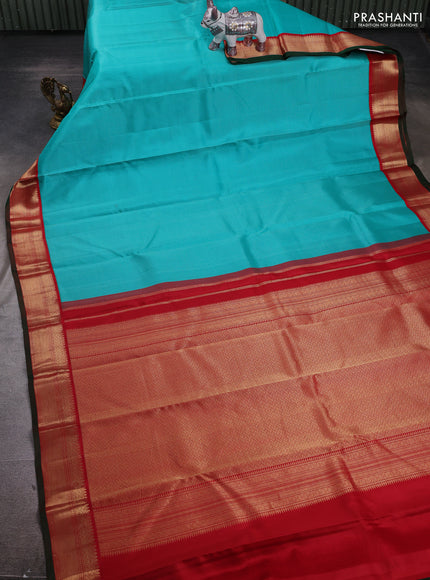 Teal Blue & Red Pure Kanchipuram Silk - Buttas