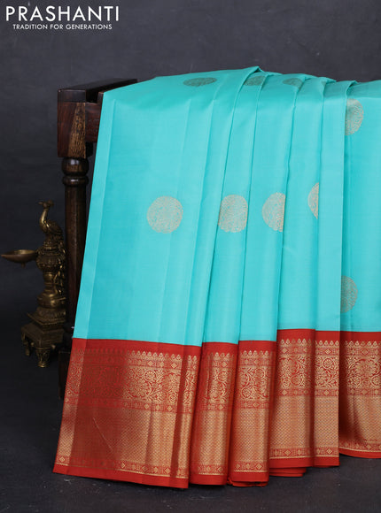 Teal Blue & Rust Pure Kanchipuram Silk - Buttas