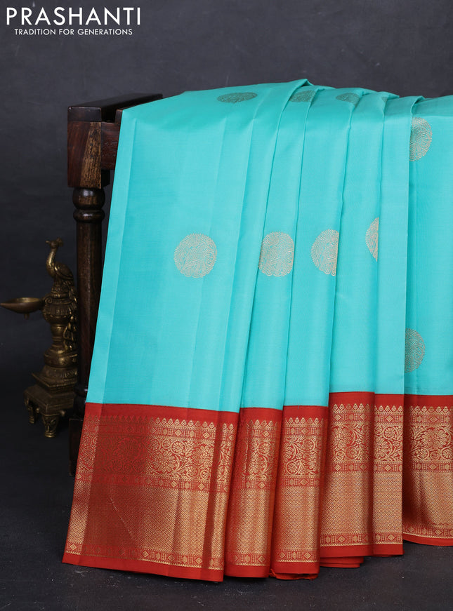 Teal Blue & Rust Pure Kanchipuram Silk - Buttas