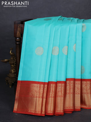 Teal Blue & Rust Pure Kanchipuram Silk - Buttas