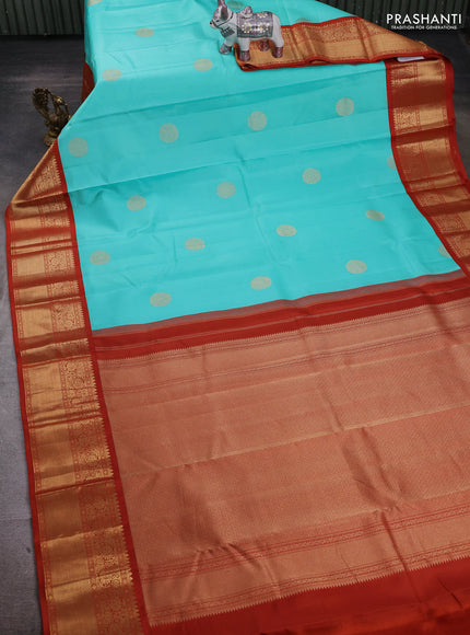 Teal Blue & Rust Pure Kanchipuram Silk - Buttas