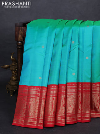 Teal Green & Red Pure Kanchipuram Silk - Buttas