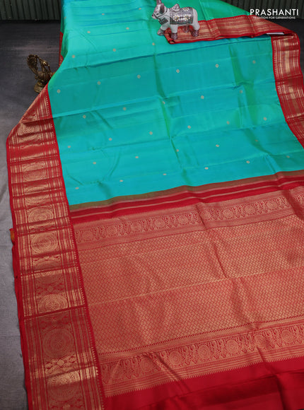 Teal Green & Red Pure Kanchipuram Silk - Buttas