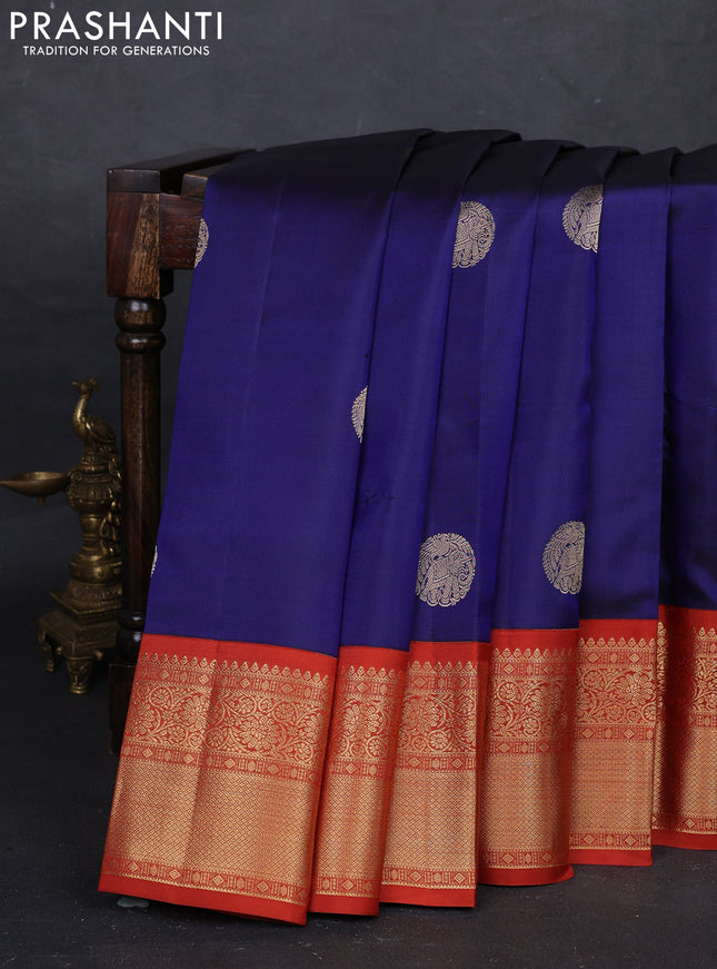 Blue & Rust Pure Kanchipuram Silk - Buttas