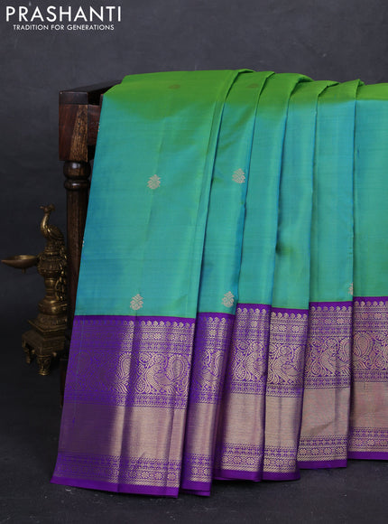 Teal Green & Violet Pure Kanchipuram Silk - Buttas