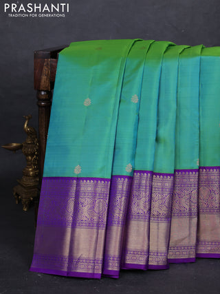 Teal Green & Violet Pure Kanchipuram Silk - Buttas