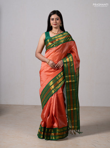 Orange & Green Silk Cotton Saree - Korvai