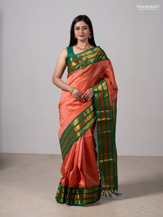 Orange & Green Silk Cotton Saree - Korvai