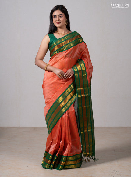 Orange & Green Silk Cotton Saree - Korvai